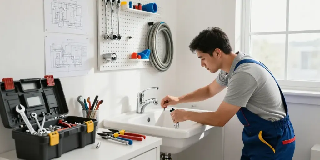 Licensed plumber in Rapid City SD repairing a bathroom sink with tools in a well-lit workspace.