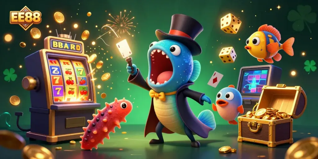 EE88 showcases a magical casino scene with a bioluminescent eel and jackpot elements highlighting online gaming excitement.