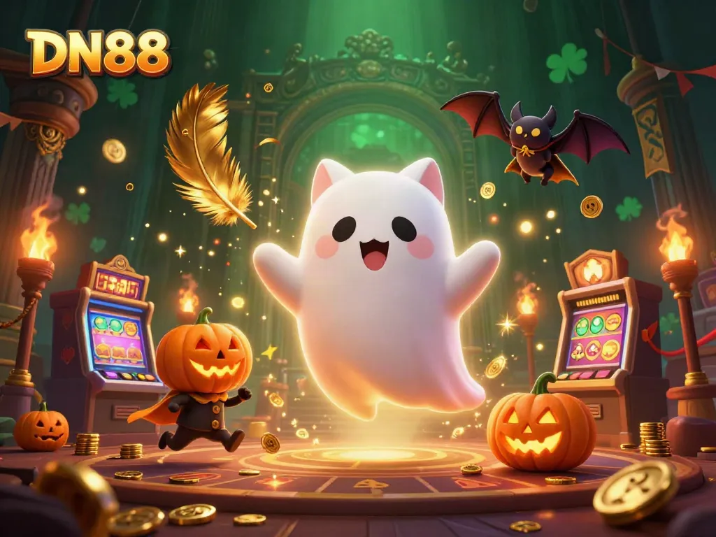 Experience the magical world of DN88 with a ghost cat and bat companion in an enchanting casino atmosphere.
