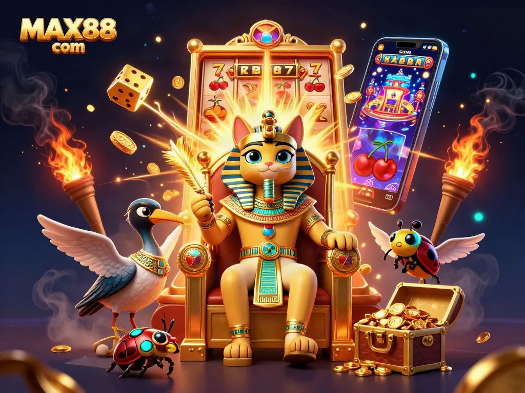 Engage with exciting winning experiences at MAX88 com in our vibrant 3D casino illustration packed with dynamic gaming elements.