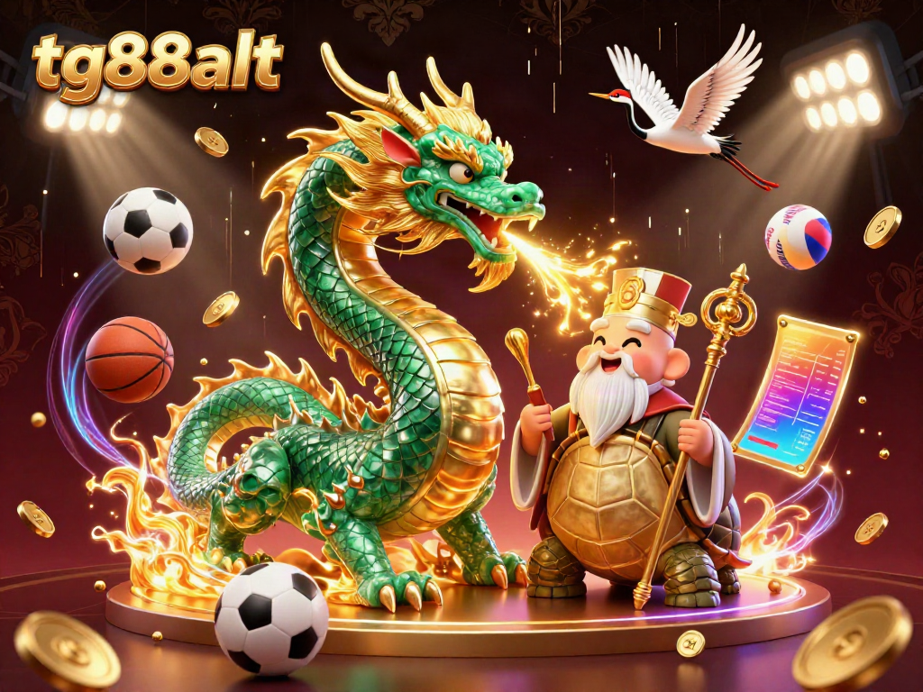 Experience the thrill of tg88alt with a vibrant 3D illustration showcasing a jade dragon and dynamic casino elements.