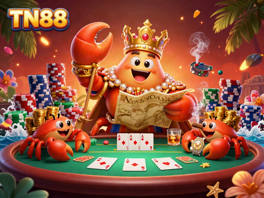 Experience the thrilling world of TN88 with a golden crab emperor and vibrant poker elements.