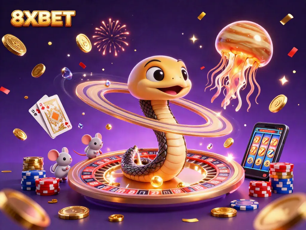 8XBET showcases a thrilling 3D casino scene with playful characters and dazzling game elements.