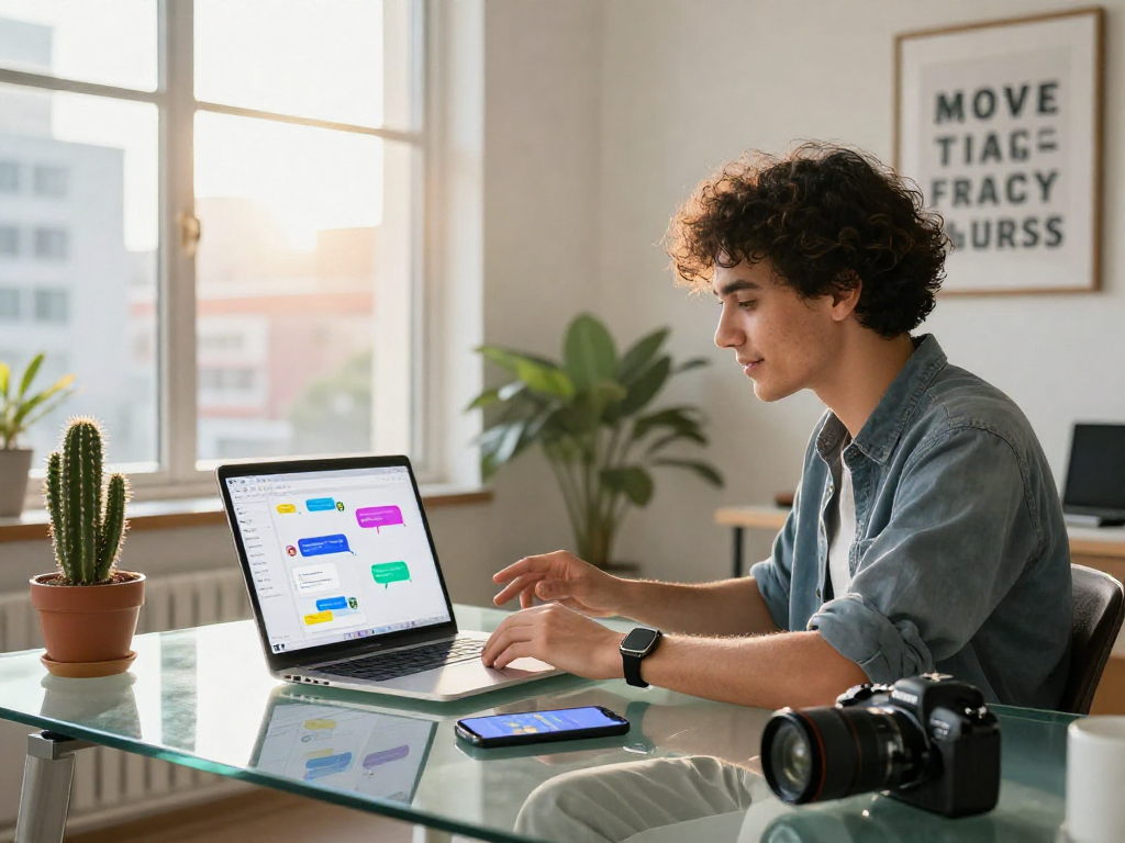 Exploring juicy chat ai on a laptop screen in an innovative workspace environment with tech elements.