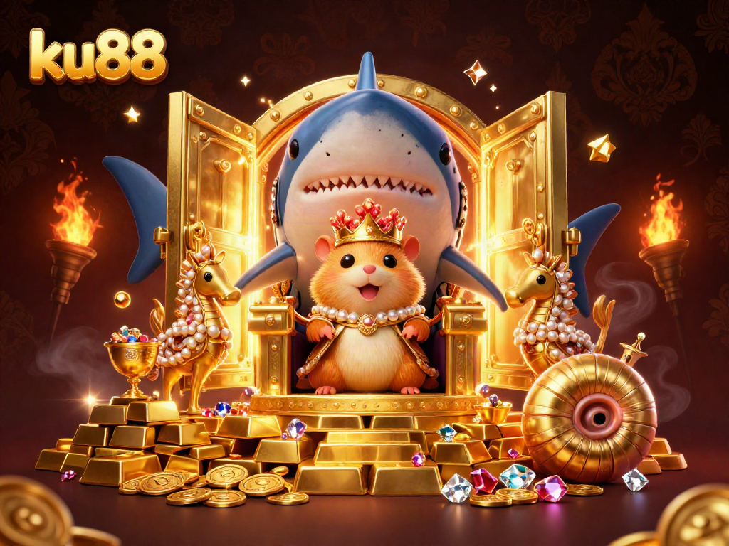 ku88 delivers an exhilarating casino experience with gold treasures orbiting a whimsical hamster king.