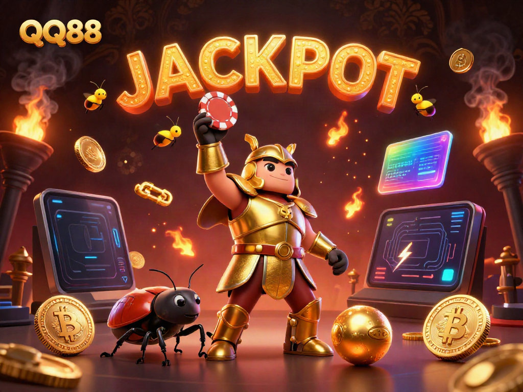 Experience thrilling victories at QQ88 with a victorious hercules beetle lifting poker chips amidst dazzling casino elements.