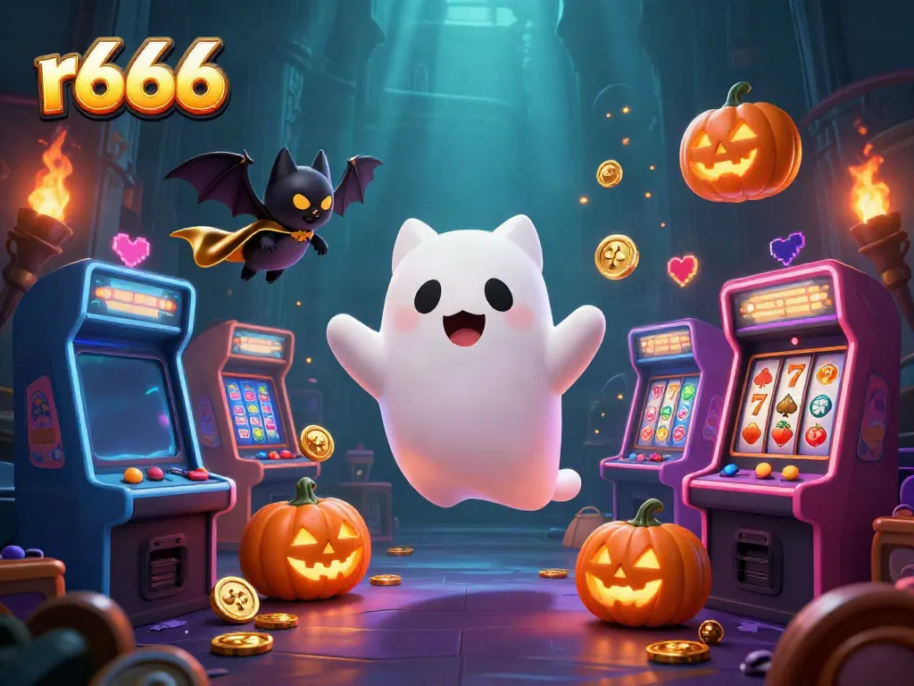 Engage in thrilling slot adventures at R666 with vibrant ghost cat and jackpot elements.