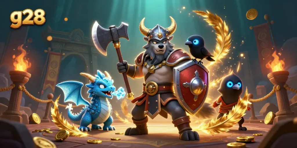 Engage with thrilling g28 adventures featuring a Viking wolf warrior, icy dragon, and vibrant casino elements.