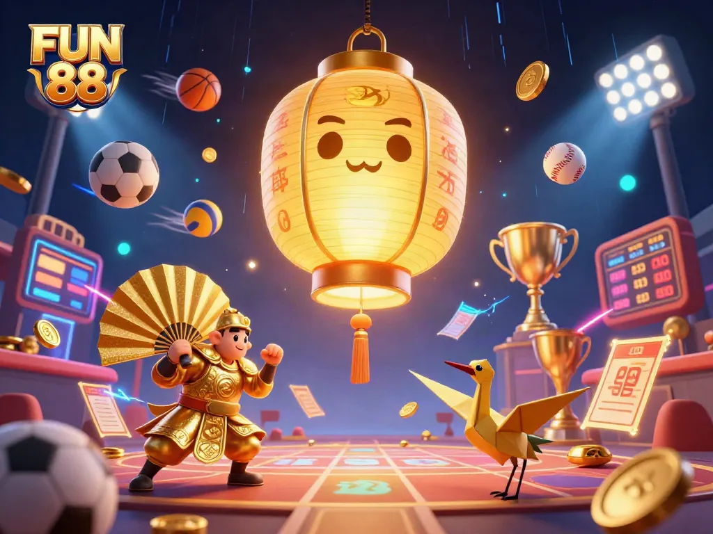 Experience the vibrant FUN 88 casino scene with glowing characters and dynamic sports elements.