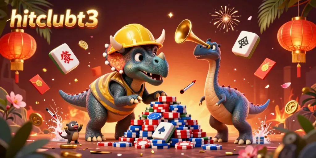 Join the action at hitclubt3 with a vibrant illustration of characters building poker chip towers amid festive elements.