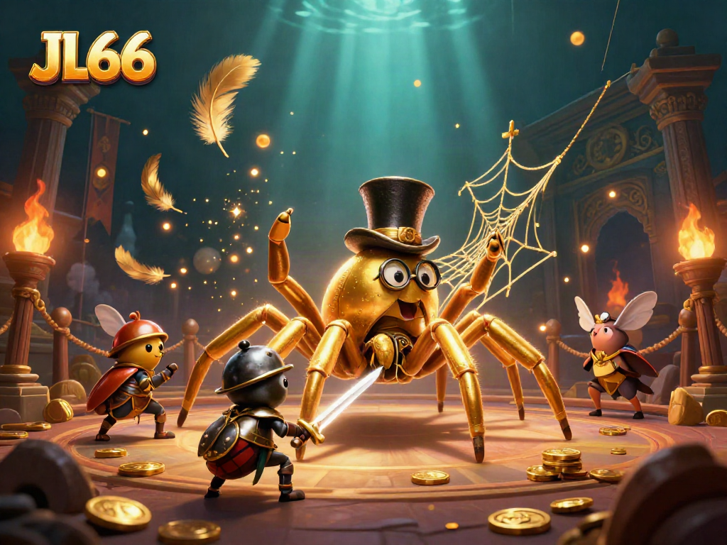 Engage with the thrilling world of JL66 casino featuring a golden tarantula amidst vivid casino elements.
