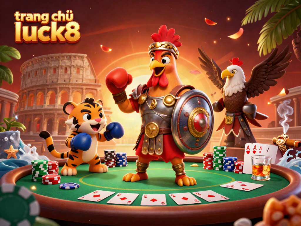 Experience the excitement of trang chủ luck8 with a dynamic casino illustration featuring a gladiator rooster, poker elements, and vibrant details.