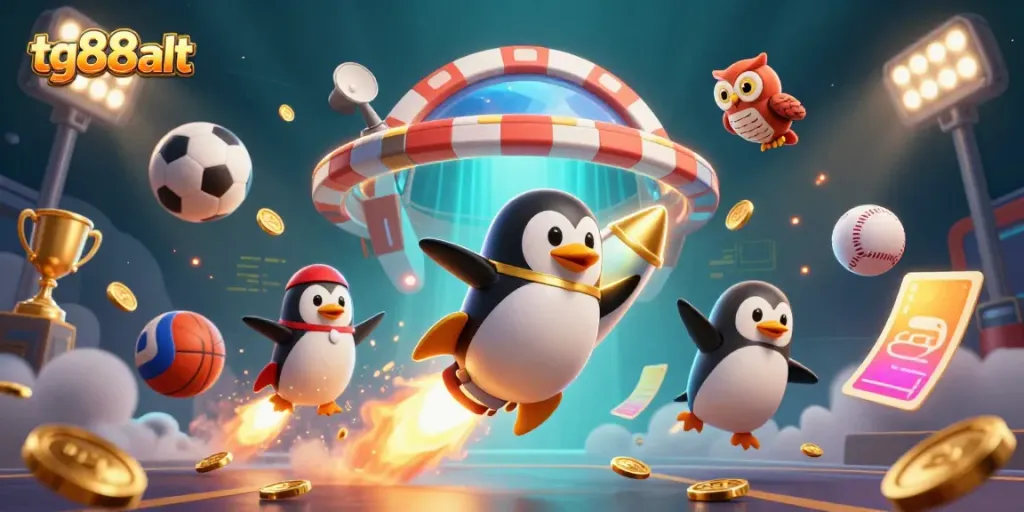 Engage with the thrilling tg88alt casino experience as a golden penguin rushes towards a vibrant casino space.