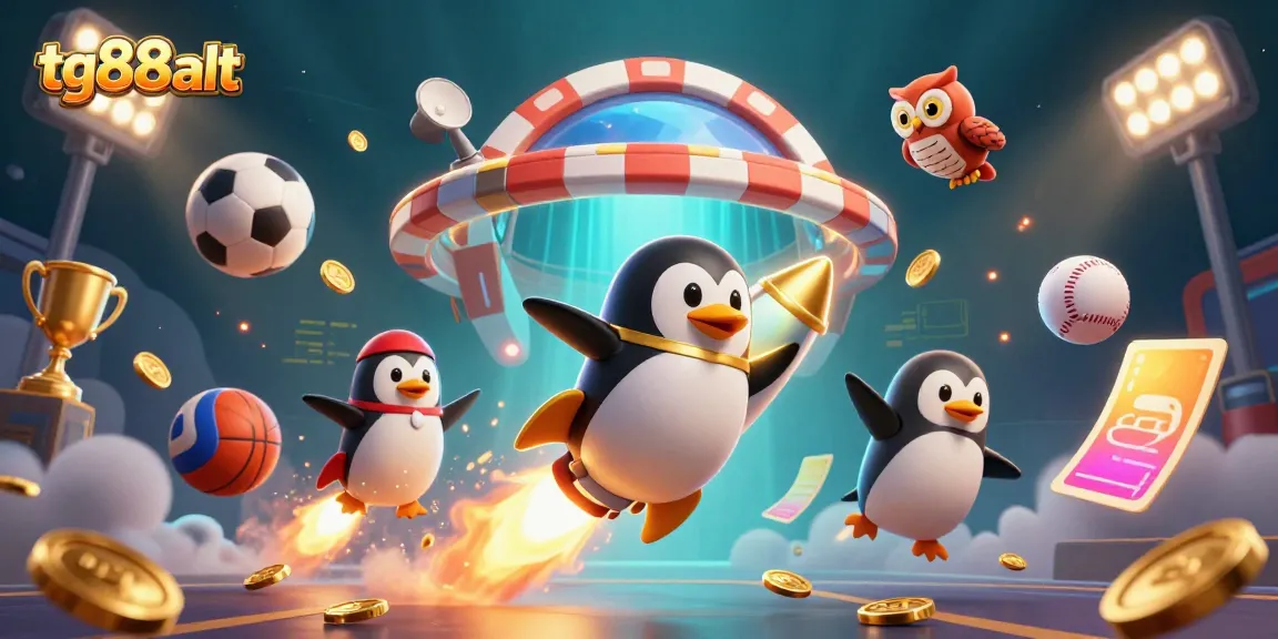Engage with the thrilling tg88alt casino experience as a golden penguin rushes towards a vibrant casino space.