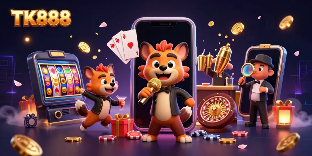 Enjoy the fun at TK888 casino featuring hyenas in a lively comedy scene with games and prizes.