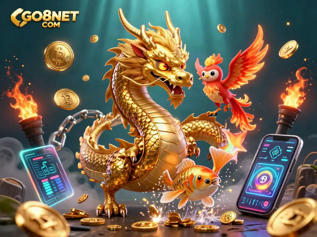 Spin the reels at GO8NET COM, featuring vibrant 3D characters like a dragon and koi fish in a magical casino scene.