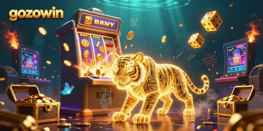 Experience the digital casino magic with gozowin's golden tiger and vibrant slot machine.
