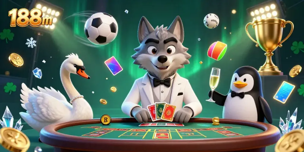 Experience the excitement of 188m with a debonair wolf, elegant swan, and penguin sommelier in a vibrant casino scene.