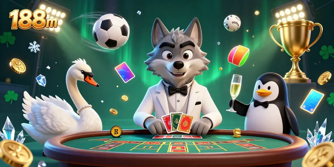 Experience the excitement of 188m with a debonair wolf, elegant swan, and penguin sommelier in a vibrant casino scene.