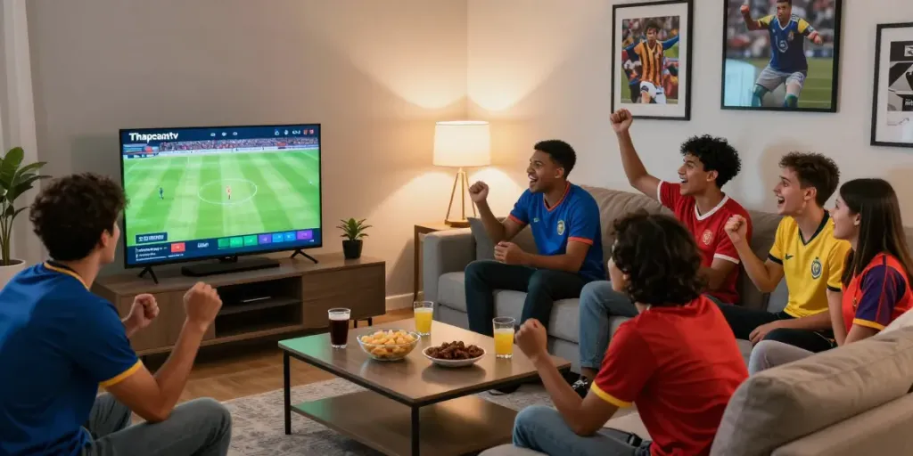 Friends enjoying live football on Thapcamtv in a cozy living room.