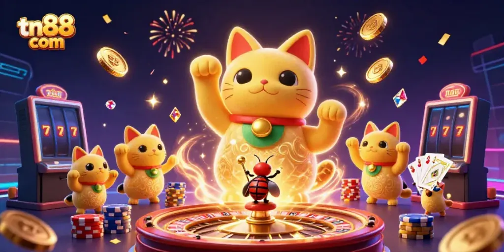 Experience the charm of tn88 com with a dynamic lucky cat made of golden fireflies amidst casino symbols and vibrant action.