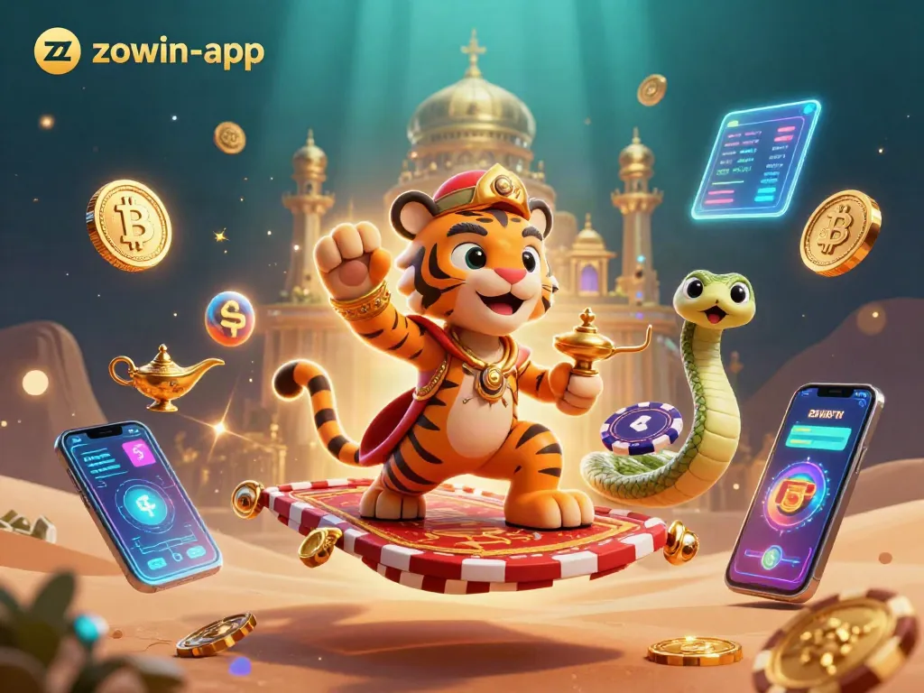Engage with the magic of the zowin-app, featuring a sultan tiger on a flying carpet surrounded by crypto elements