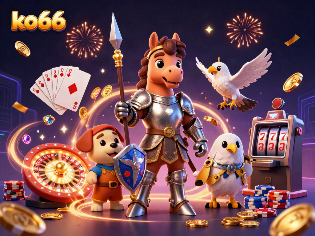Experience the excitement of ko66 with a dynamic scene featuring characters and casino elements.