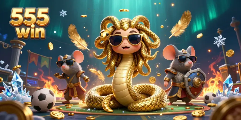 Engage with the thrilling 555 win casino atmosphere featuring Medusa and a warrior mouse in a dynamic sports betting arena.