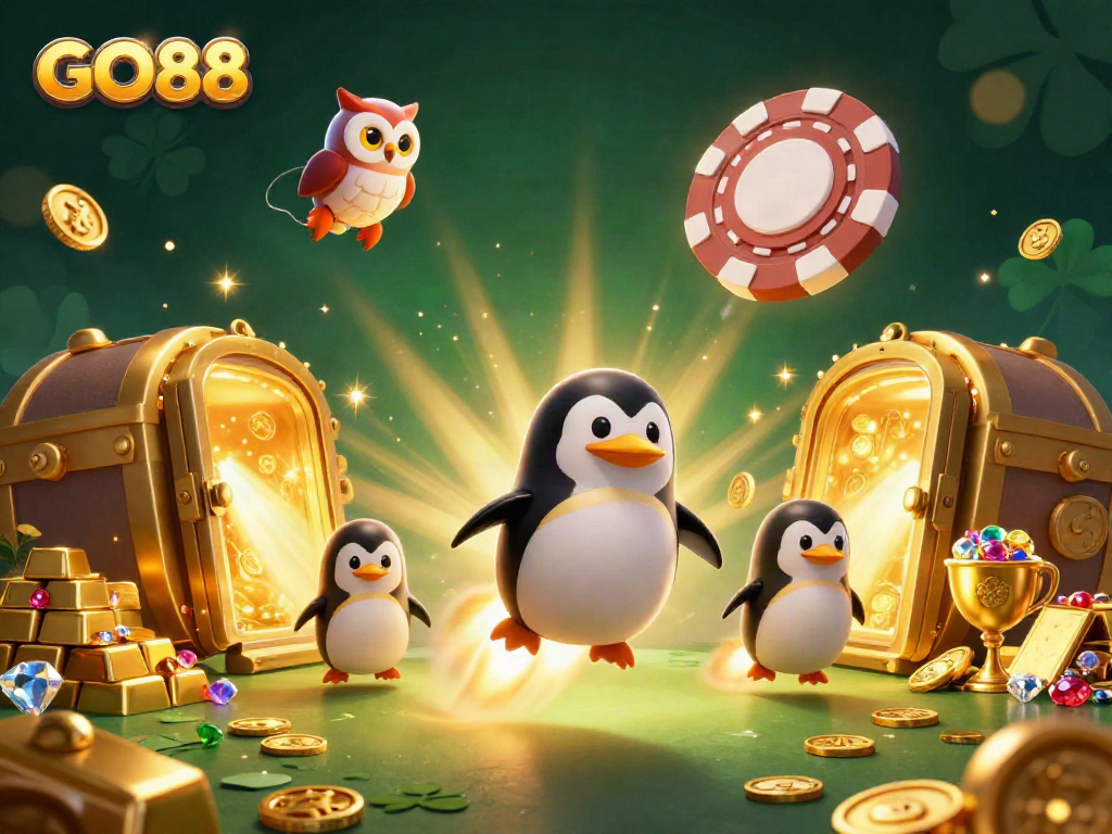 Experience the thrill of GO88 with a vibrant 3D scene of a golden penguin and treasures galore!