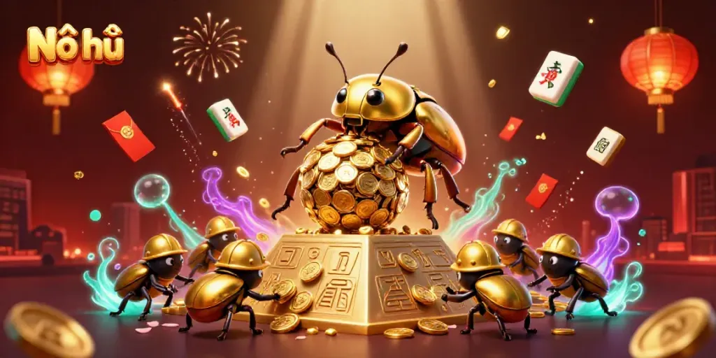 Nổ hũ showcases thrilling gameplay with golden beetles, coins, and vibrant casino elements.