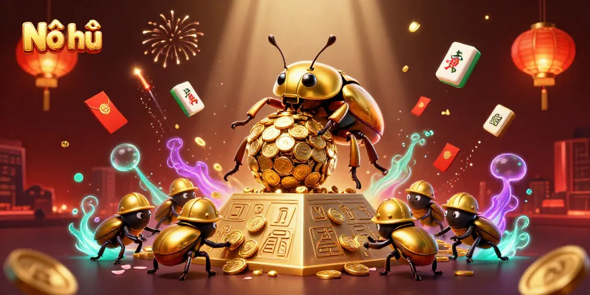 Nổ hũ showcases thrilling gameplay with golden beetles, coins, and vibrant casino elements.