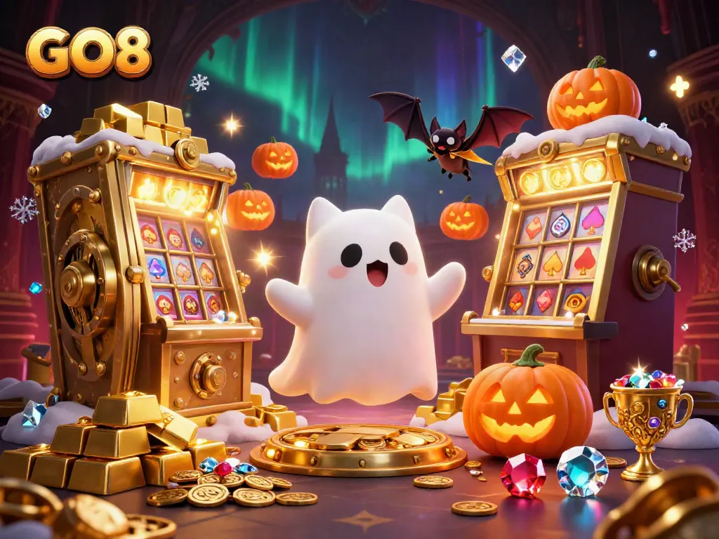 Join the fun in the GO8 casino with a ghost cat and glowing pumpkin slot machines.