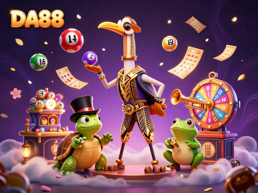 Experience the excitement of DA88 with dynamic lottery elements and lively characters in a vibrant casino scene.