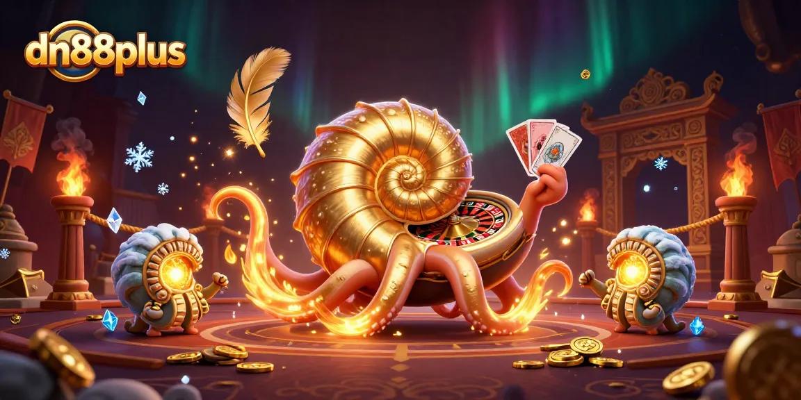 Win big at dn88plus with a vibrant 3D illustration of a giant nautilus and ancient symbols.
