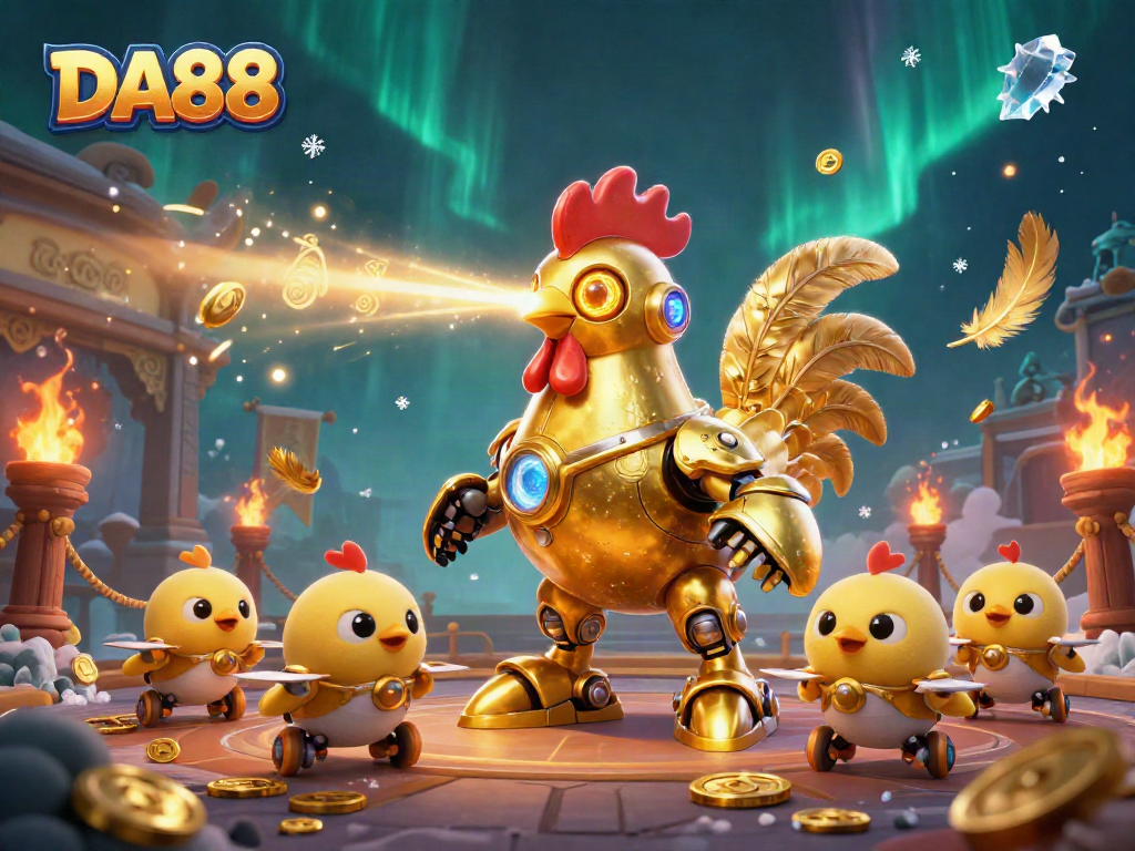 Play exciting games with DA88, featuring a dynamic cartoon rooster robot casting laser beams and gold coins.