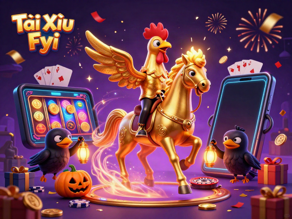 Tài Xỉu Fyi brings excitement with a golden rooster and spectral horse in a casino setting.