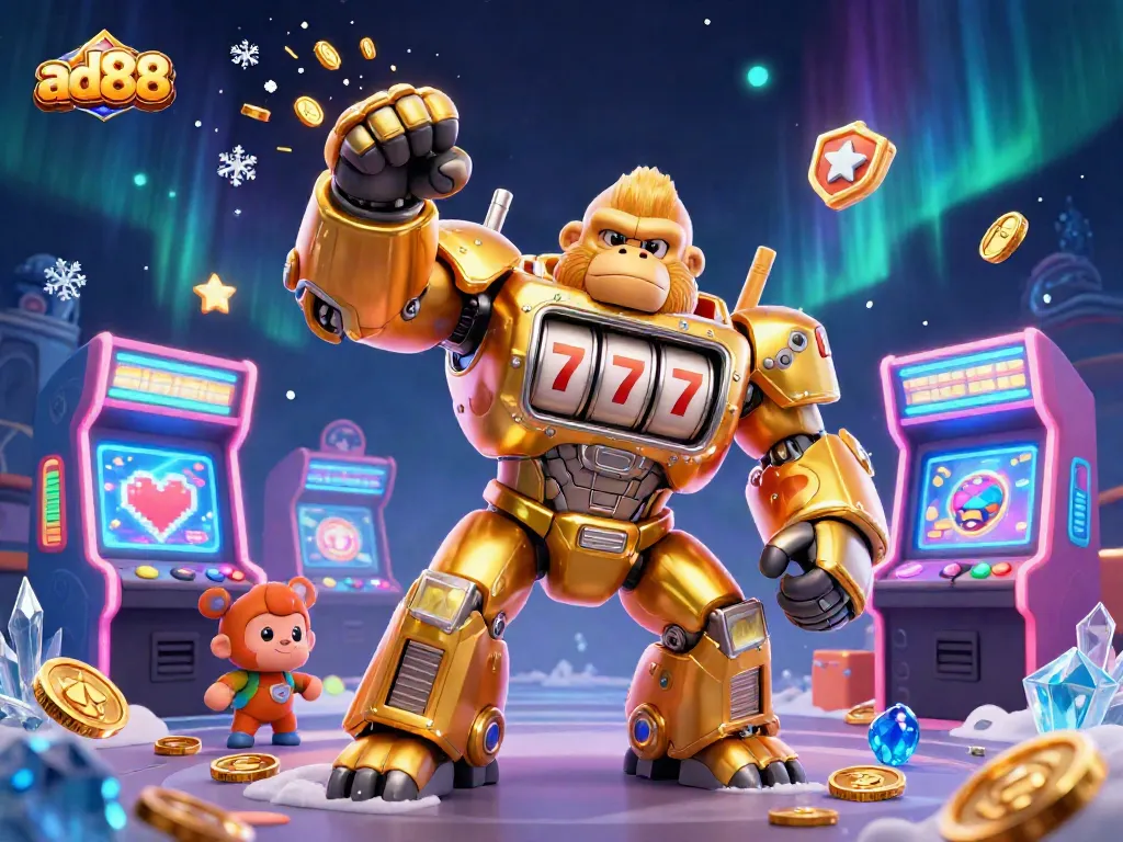 Experience thrilling slots with ad88's golden gorilla mech and vibrant arcade game elements.