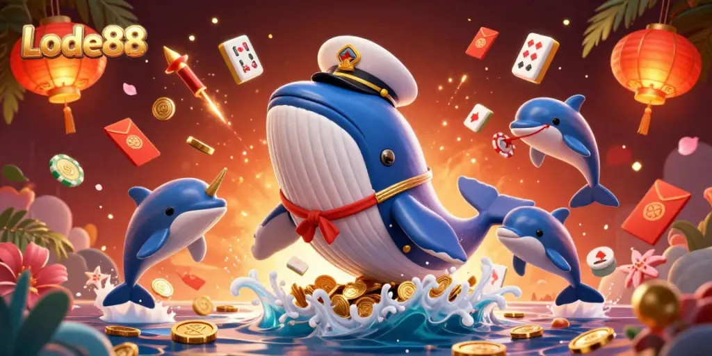 Catch thrilling Lode88 gaming action with cartoon whale, narwhal, and dolphins surrounded by casino treasures.