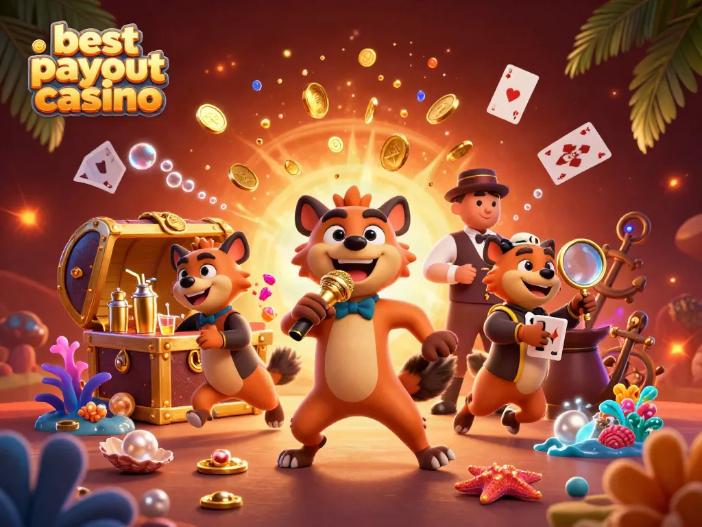 Best payout casino illustrated with hyenas in a comedy club, surrounded by gold coins and vibrant coral.