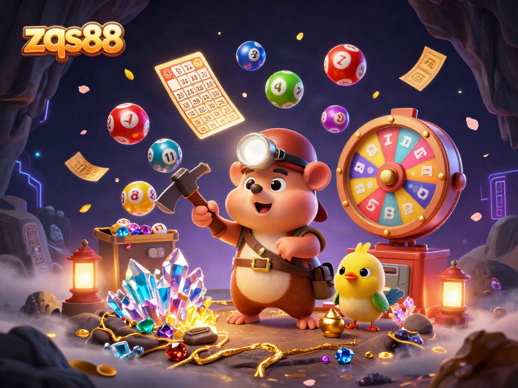 Experience thrilling games at zqs88 with vibrant lottery elements and a treasure hunter in action.
