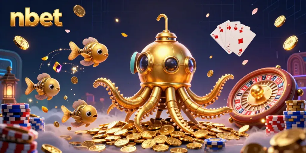 Engage with nbet's vibrant underwater casino scene featuring a golden kraken amidst coins and poker chips.