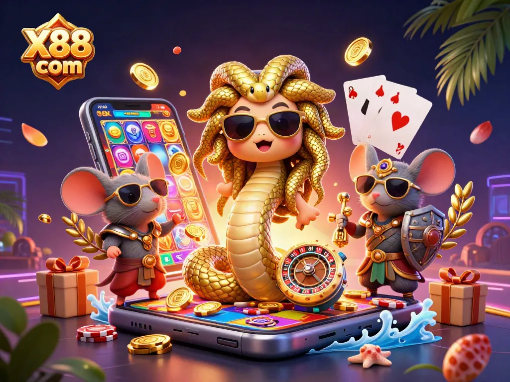 X88 com offers an exciting array of slot games, showcasing a vibrant 3D illustration featuring Medusa and a warrior.
