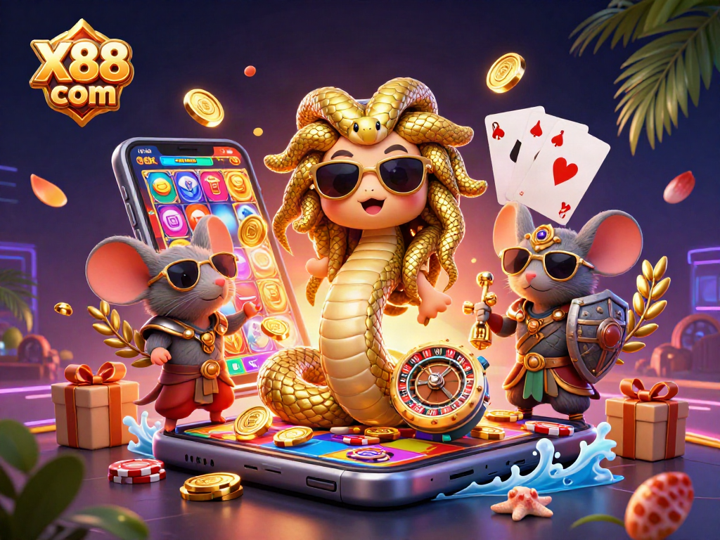 X88 com offers an exciting array of slot games, showcasing a vibrant 3D illustration featuring Medusa and a warrior.