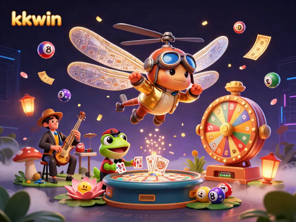 Experience the excitement of kkwin with a lively 3D illustration of a dragonfly pilot and frog dealer amidst vibrant casino elements.