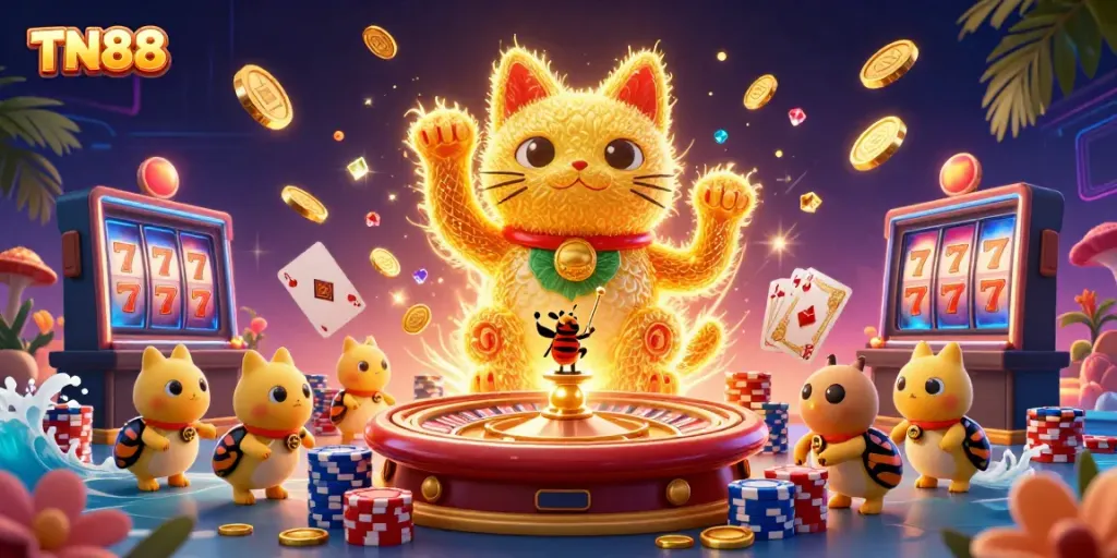 Experience the excitement of TN88 with a vibrant display of casino symbols and a giant lucky cat!