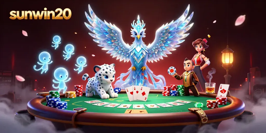 Experience vibrant action at sunwin20 with an ice phoenix and poker chip duel, surrounded by 3D casino elements.
