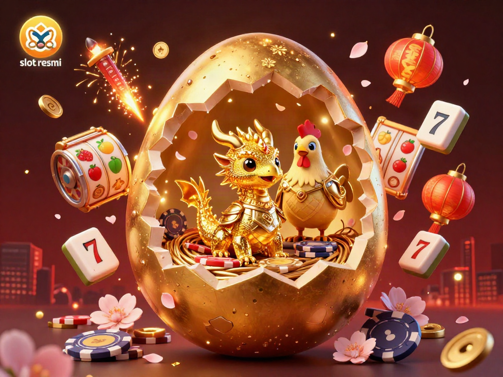 Experience the thrill of slot resmi with a 3D illustration of a golden dragon guarding poker chips amidst vibrant casino elements.