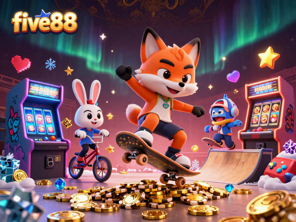 Experience the excitement of five88 with a skateboarding fox and BMX rabbit amidst vibrant casino elements.