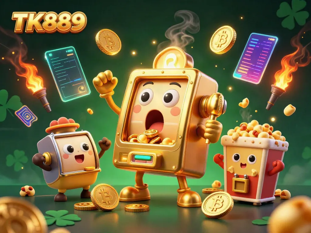 TK889 slot machine celebrating a jackpot with golden coins and cheering baby machines, amid vibrant casino-themed elements.