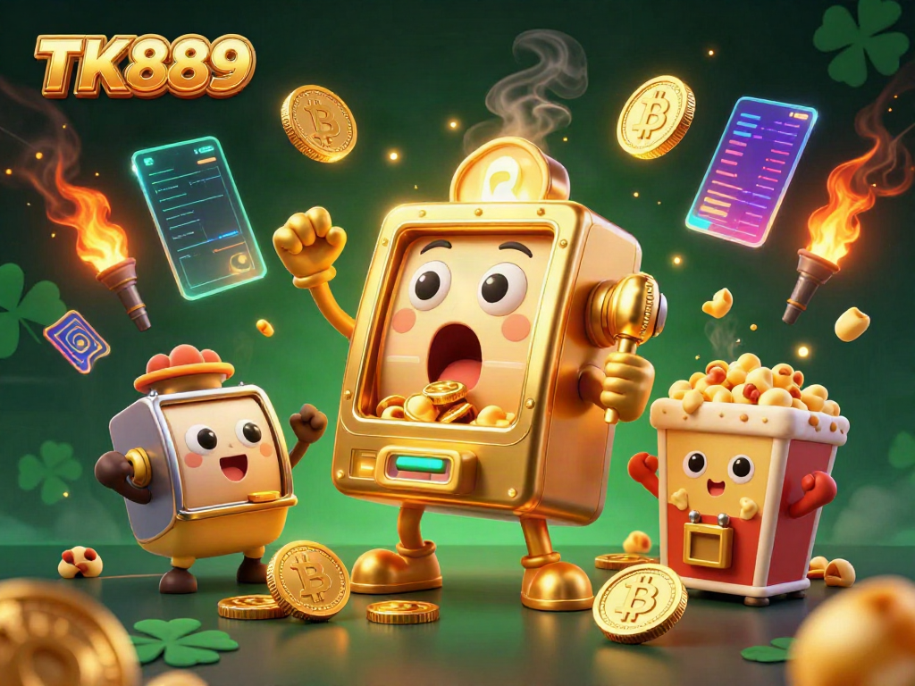 TK889 slot machine celebrating a jackpot with golden coins and cheering baby machines, amid vibrant casino-themed elements.